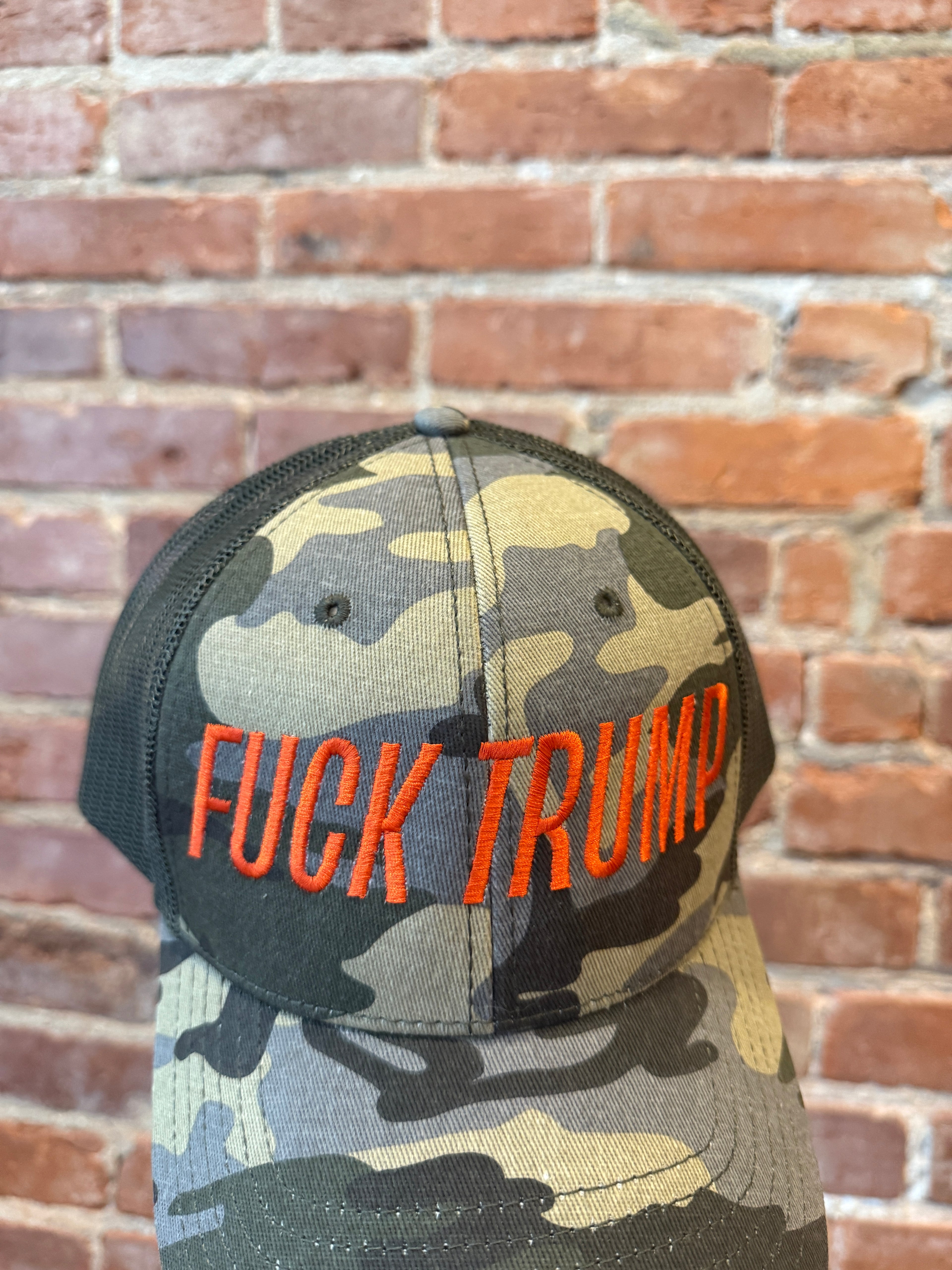 FUCK TRUMP Camo Trucker Hat with Embroidery