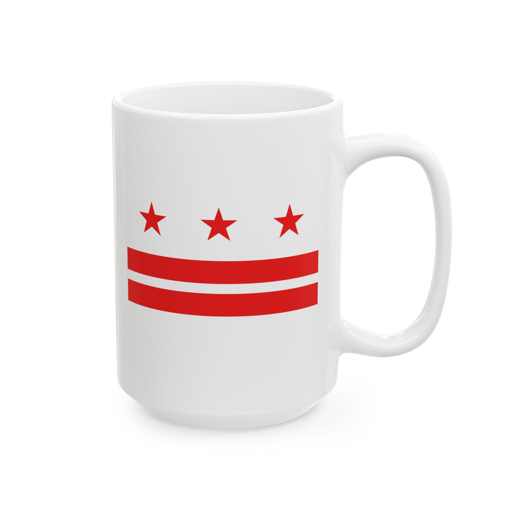 Show your Washington DC local pride with this classic white ceramic coffee mug. One side with the standard DC flag design, and the other with FREE DC repeated. We can't say it enough! Perfect for enjoying your covfefe white arguing with people on the internet.