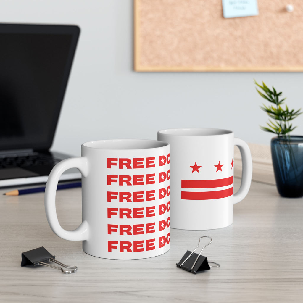 Show your Washington DC local pride with this classic white ceramic coffee mug. One side with the standard DC flag design, and the other with FREE DC repeated. We can't say it enough! Perfect for enjoying your covfefe white arguing with people on the internet.