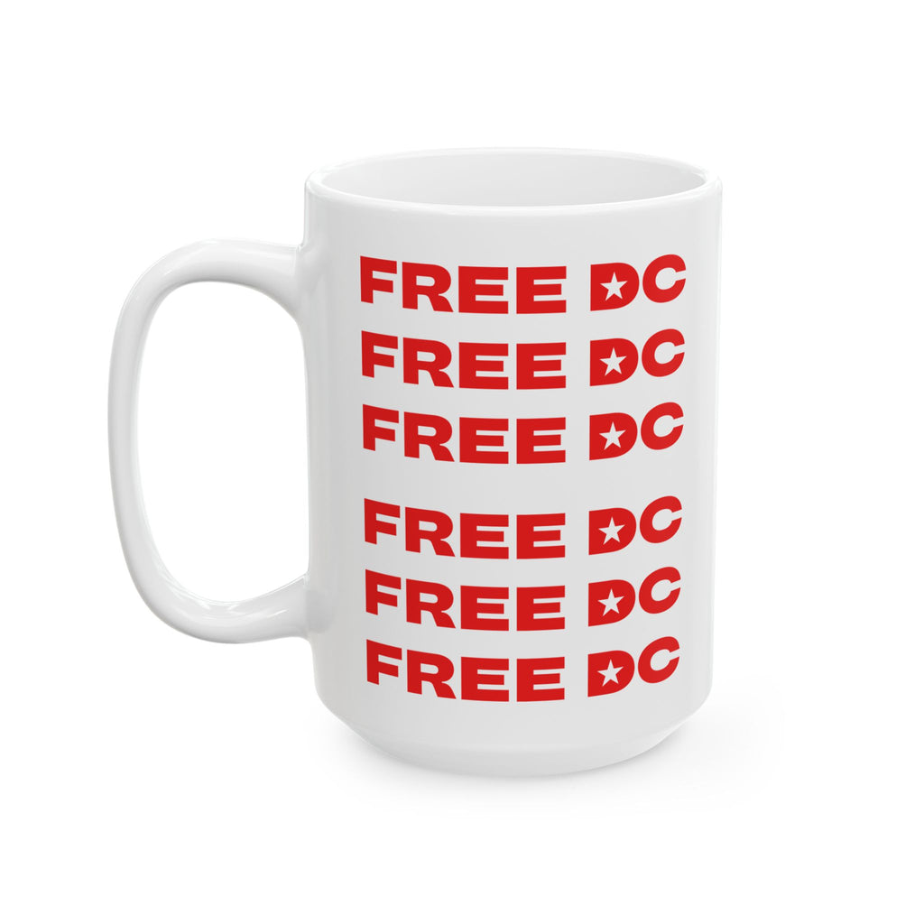 Show your Washington DC local pride with this classic white ceramic coffee mug. One side with the standard DC flag design, and the other with FREE DC repeated. We can't say it enough! Perfect for enjoying your covfefe white arguing with people on the internet.